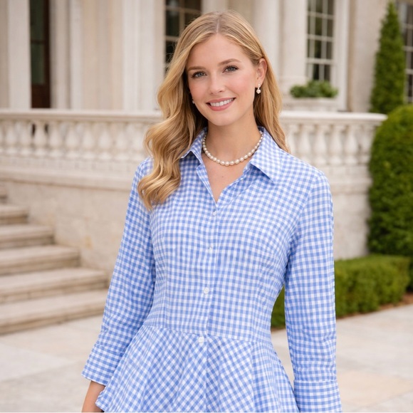 Lauren Ralph Lauren Women’s Blue White Gingham Peplum Shirt Size 12 Cotton - Picture 1 of 11